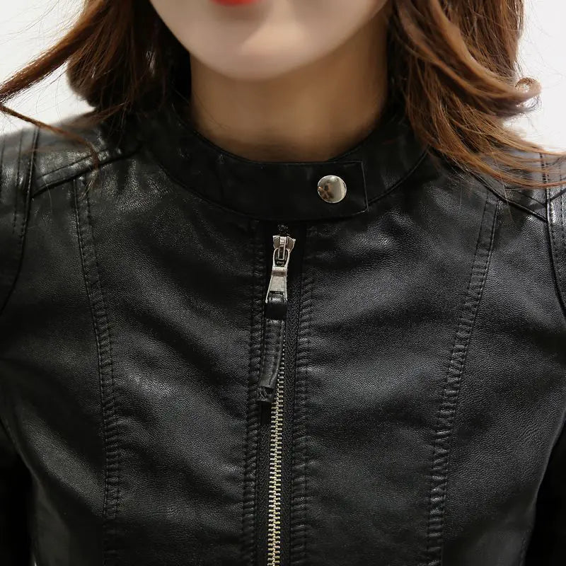 Slim Fit Long Sleeve Solid Color Leather Jacket for Women