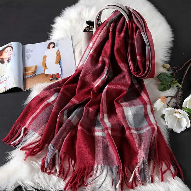 Plaid Scarf for Women - Long Fringed Double-Sided Shawl