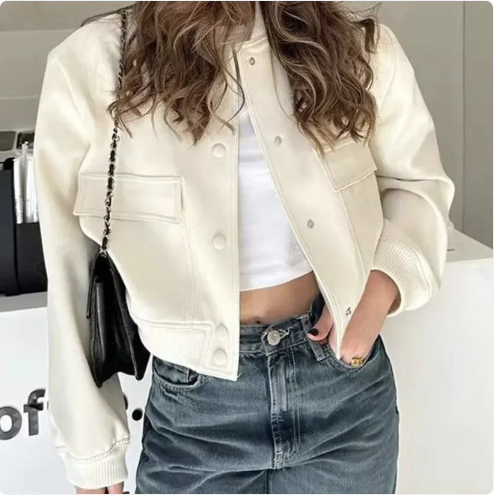 Women’s Loose Stand Collar Jacket – Short Casual Button Coat with Large Pockets