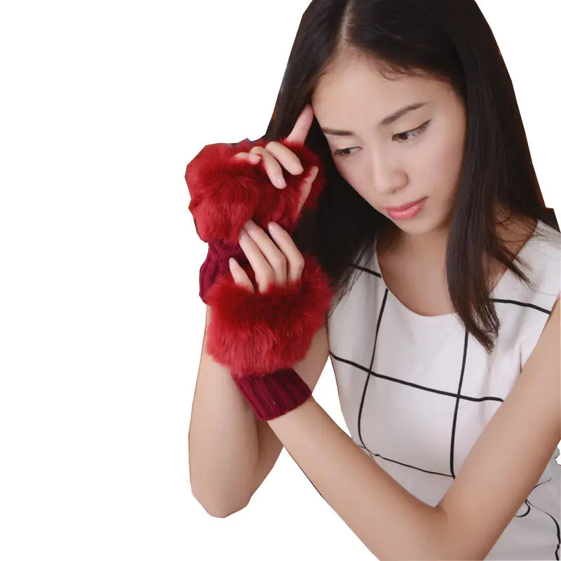 Rabbit Fur Half-Finger Knit Gloves for Warmth