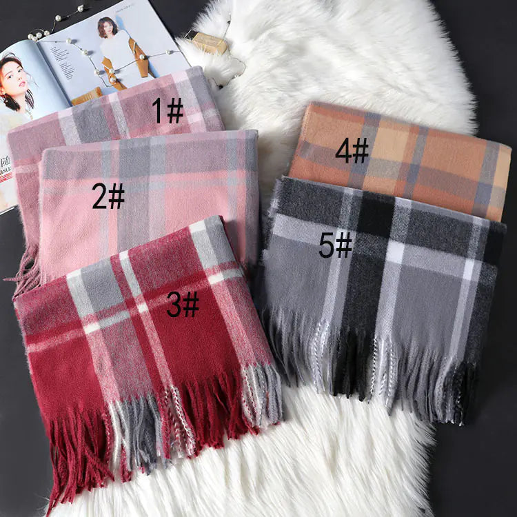 Plaid Scarf for Women - Long Fringed Double-Sided Shawl