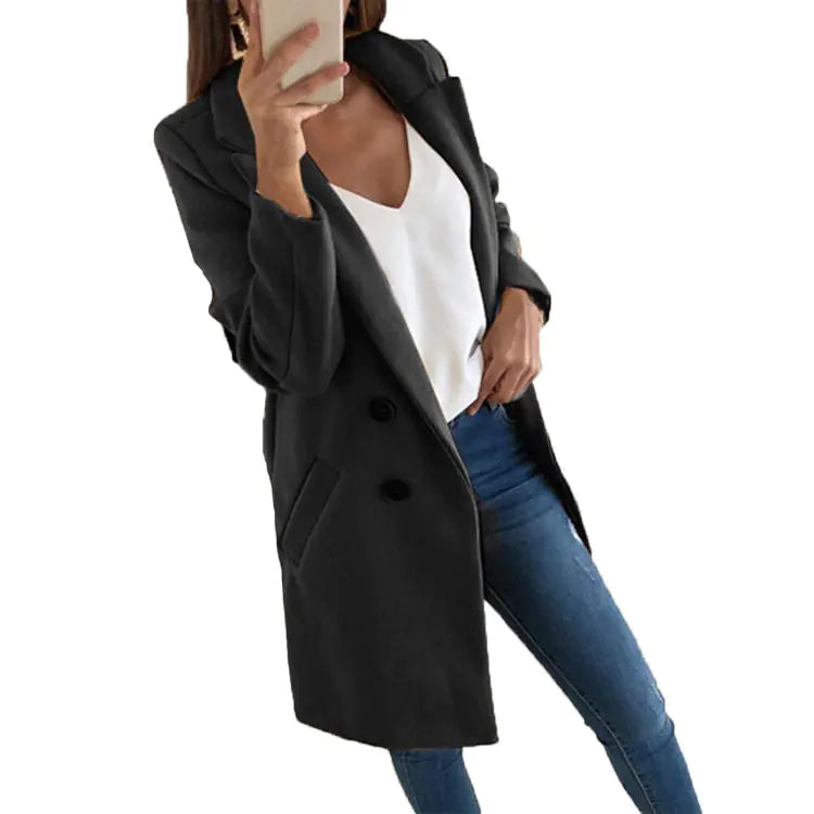 Elegant Long Wool Blend Coat with Buttons for Women