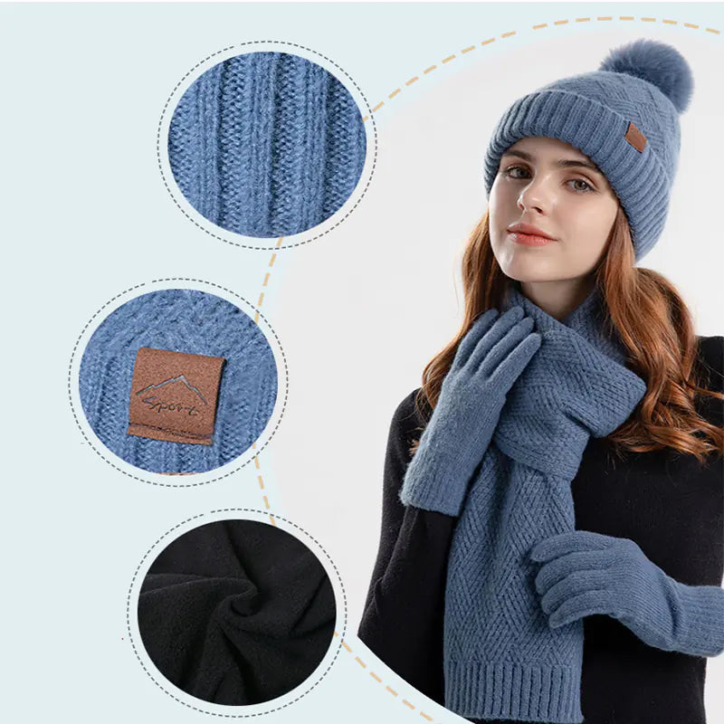 Women's Winter Knitted Wool Hat Scarf Glove Set (3 Pieces)