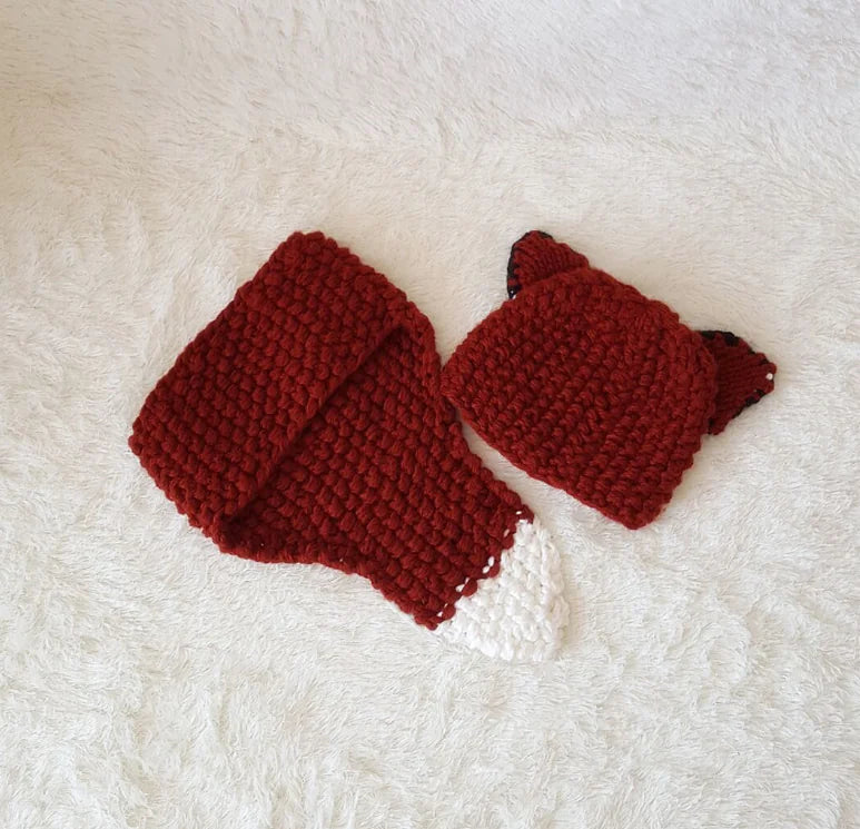 Squirrel and Fox Knit Hat and Neck Warmer Set