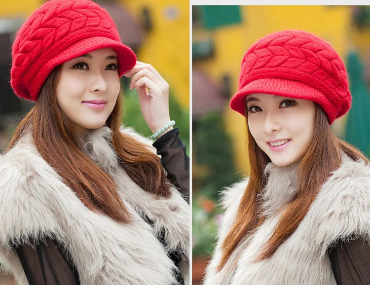 Knitted Rabbit Fur Pattern Beanie Hat