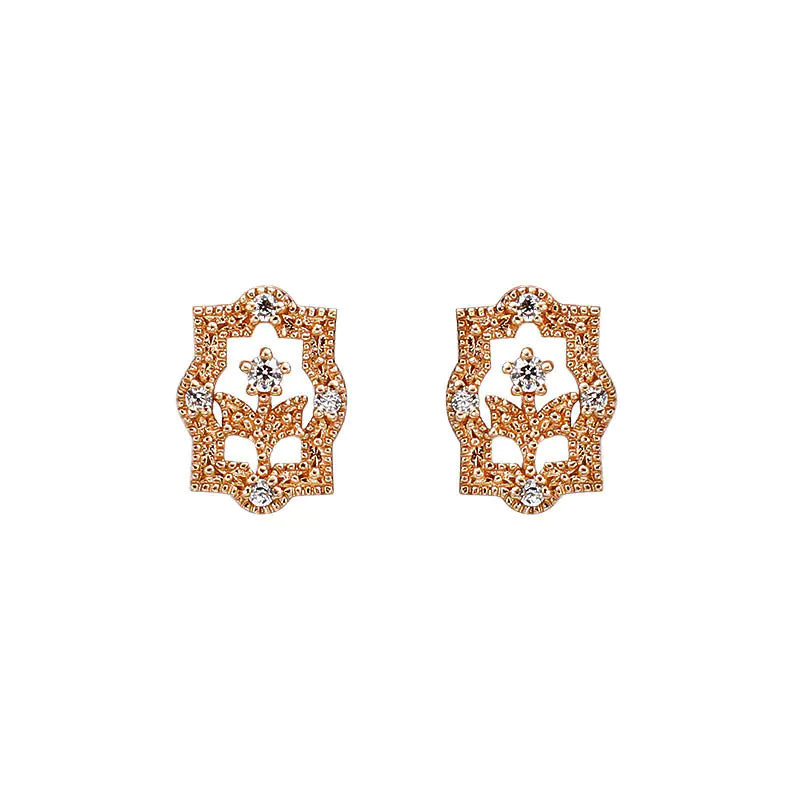 European Style Retro Flower Earrings – Rose Gold with Sparkling Zircon Crystals