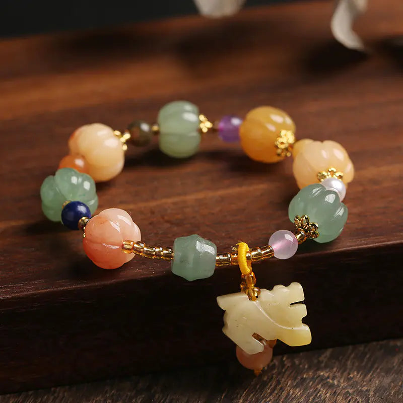 Natural Gold Filigree Jade Pumpkin Bead Bracelet