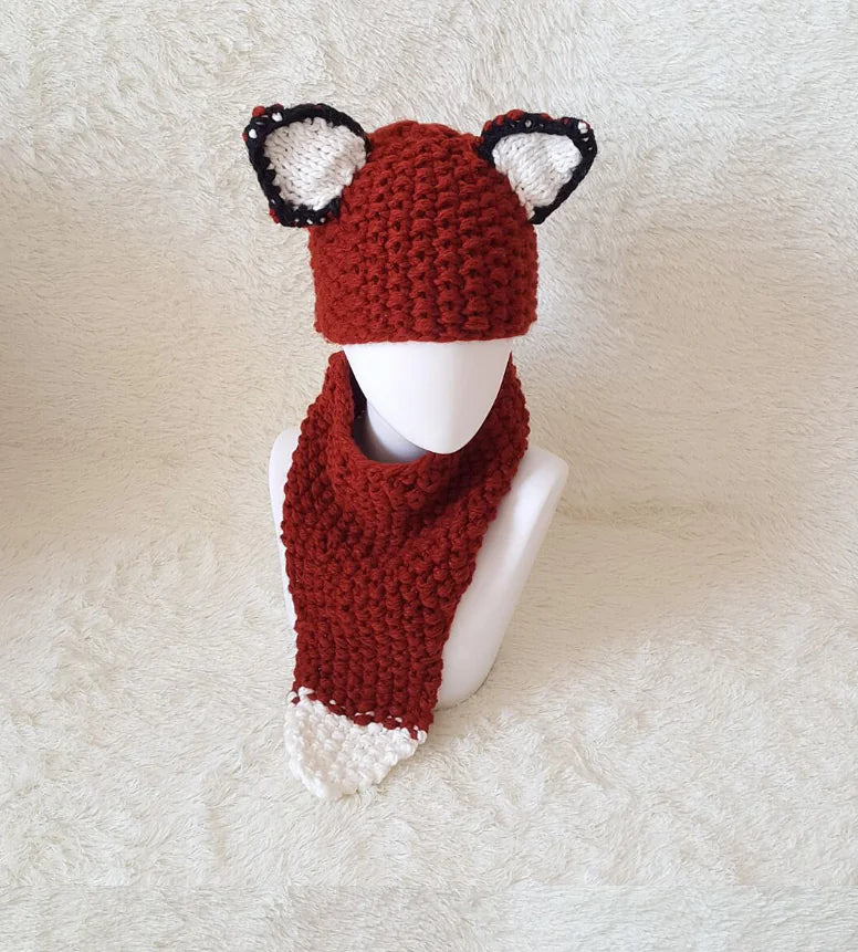 Squirrel and Fox Knit Hat and Neck Warmer Set