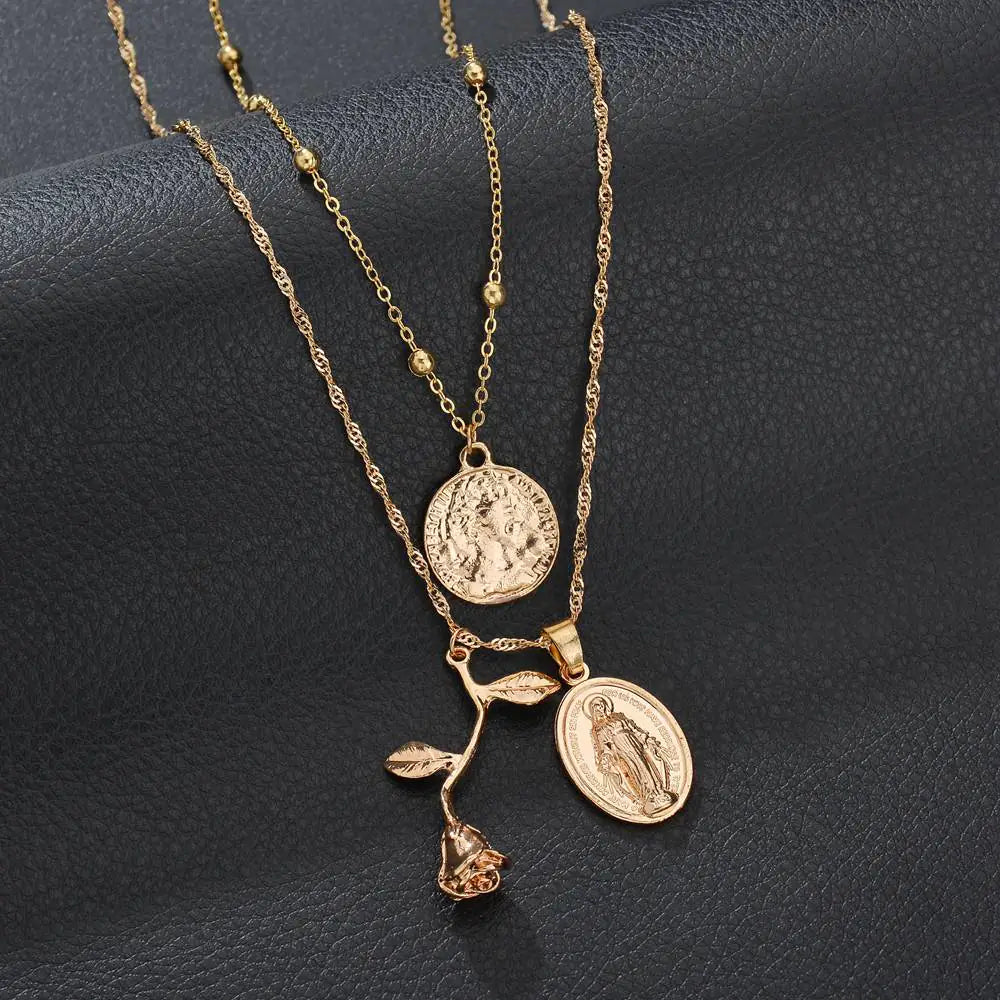 Vintage Geometric Rose Jesus Pendant Necklace for Women