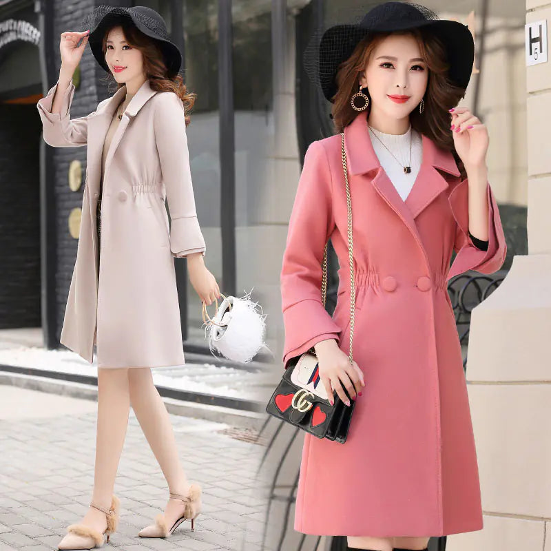 Stylish Mid-Length Women's Wool Blend Coat with Slits
