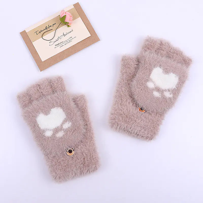 Winter Cat Claw Half-Finger Knitted Gloves for Women