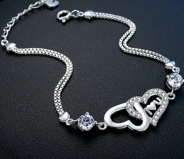 925 Sterling Silver Double Heart Bracelet with Crystals β Romantic Jewelry Gift for Her