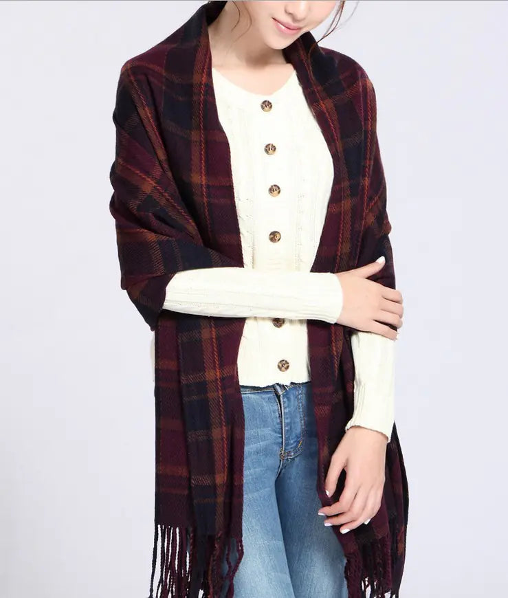 Winter Plaid Scarf for Women - Long Fringe Shawl