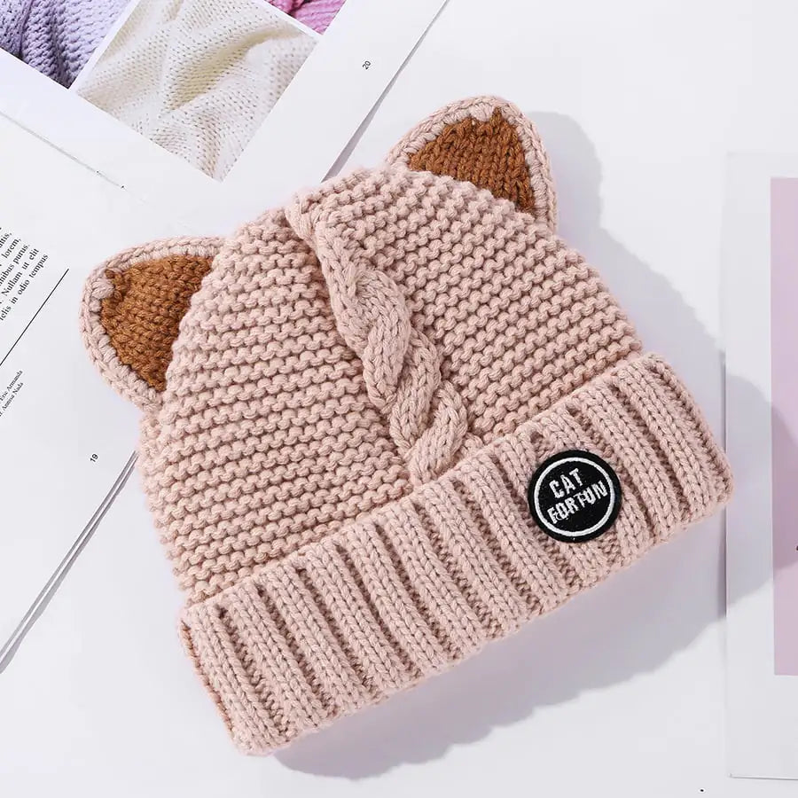 Cute Fleece Lined Woolen Cat Ears Cap for Women