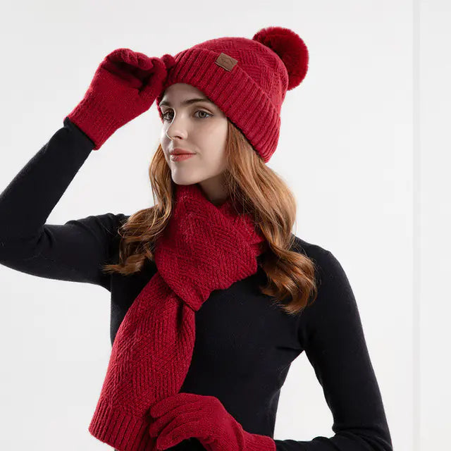 Women's Winter Knitted Wool Hat Scarf Glove Set (3 Pieces)