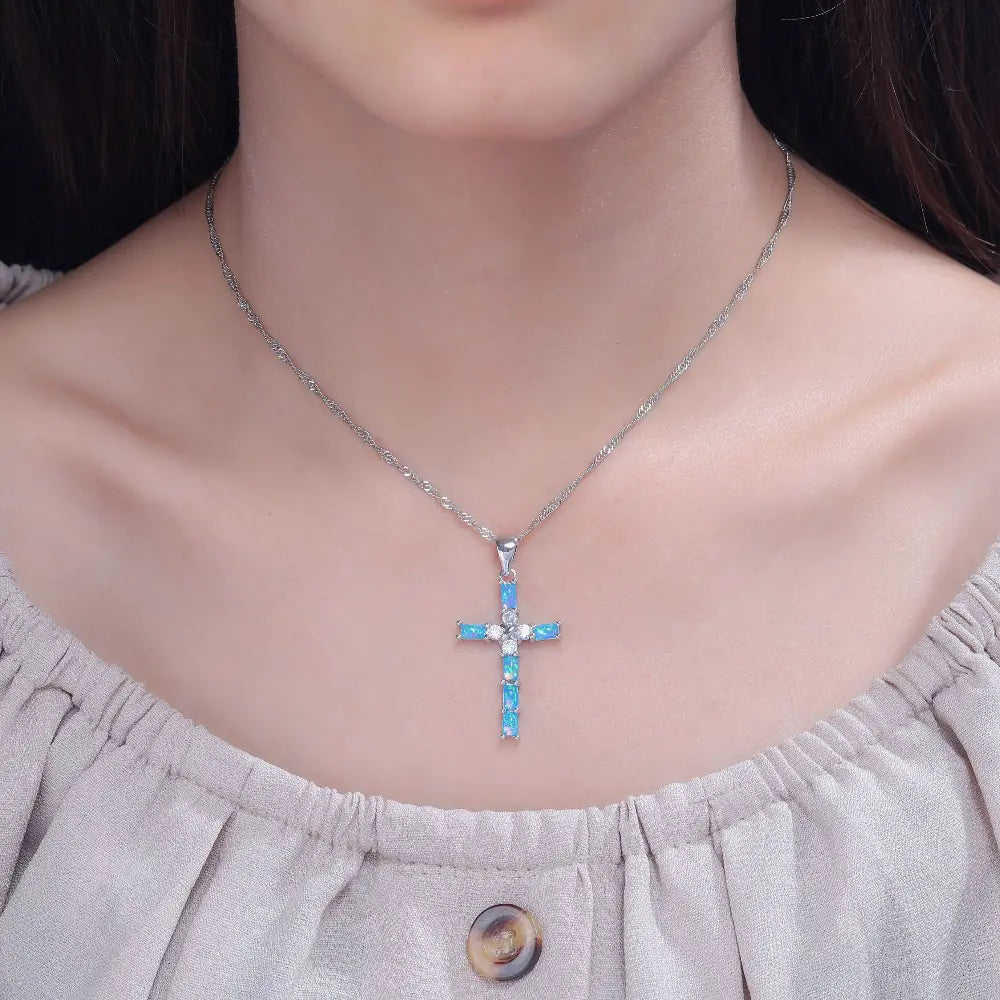 Opal Cross Pendant Necklace for Women