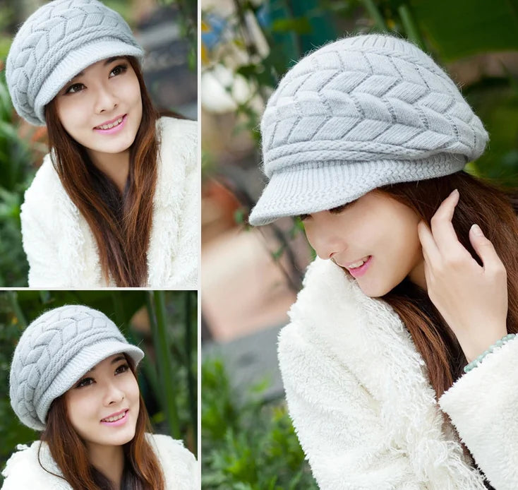Knitted Rabbit Fur Pattern Beanie Hat