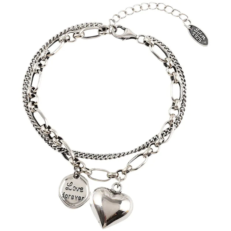 925 Sterling Silver Double Layer Heart Bracelet – Dainty Layered Chain Jewelry for Women
