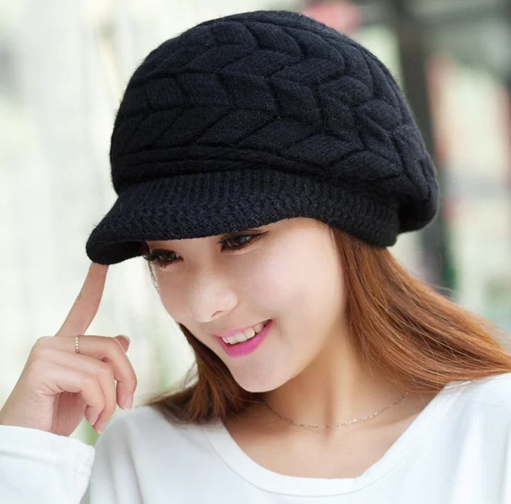 Knitted Rabbit Fur Pattern Beanie Hat