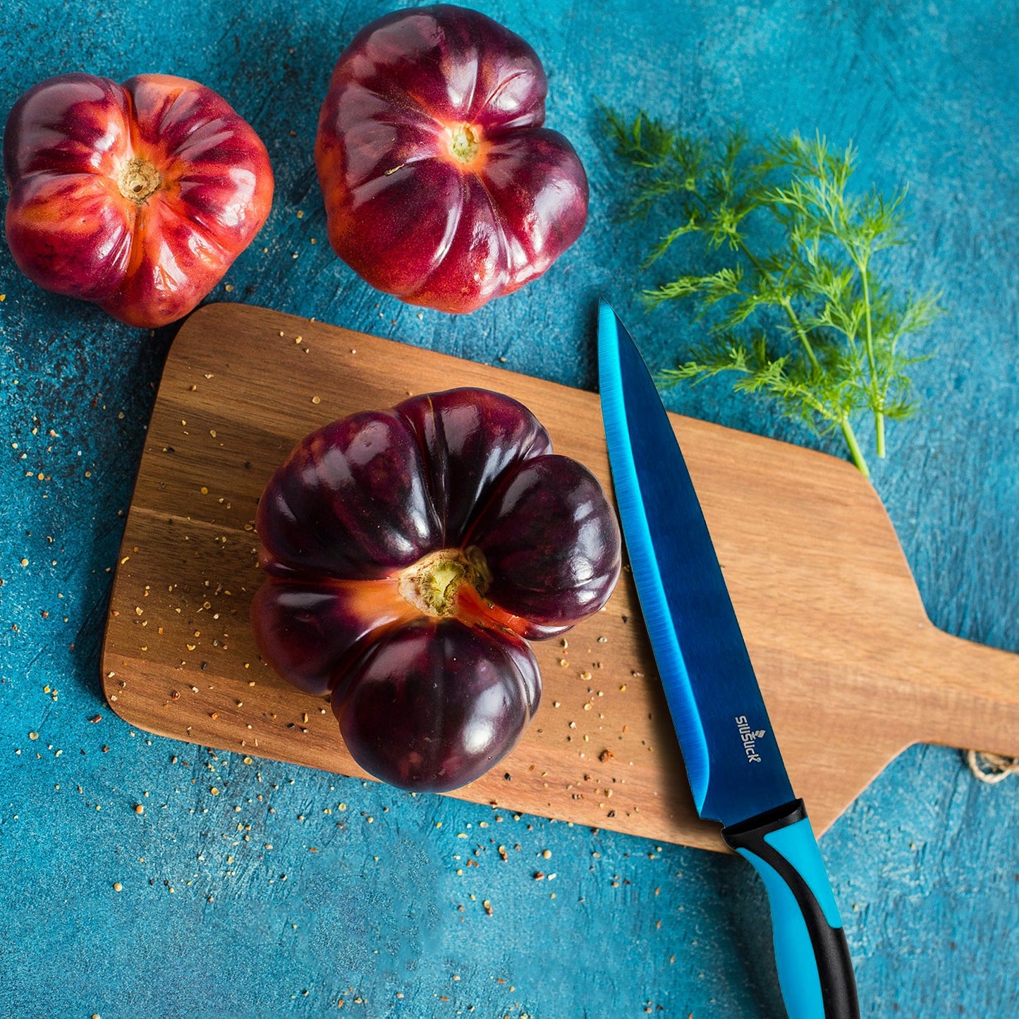 5-Piece Kitchen Knife Set – Blue Handle, Blue Blade & Black Magnetic Rack