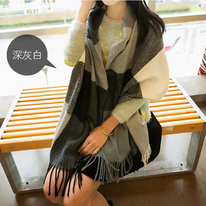 Winter Plaid Scarf for Women - Long Fringe Shawl