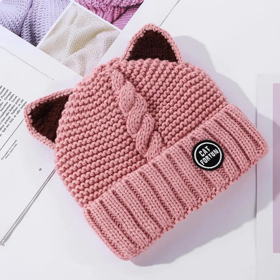 Cute Fleece Lined Woolen Cat Ears Cap for Women