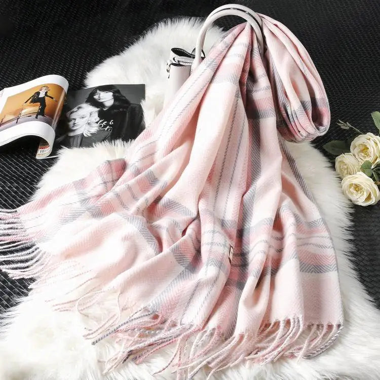 Plaid Scarf for Women - Long Fringed Double-Sided Shawl