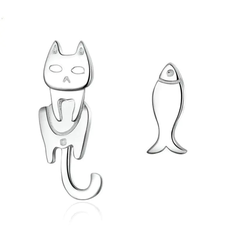 S925 Silver Asymmetrical Cat Fish Earrings for Women