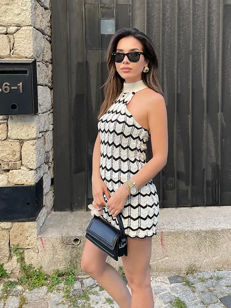 Striped Knitted Sleeveless Mini Dress & Cropped Top Set