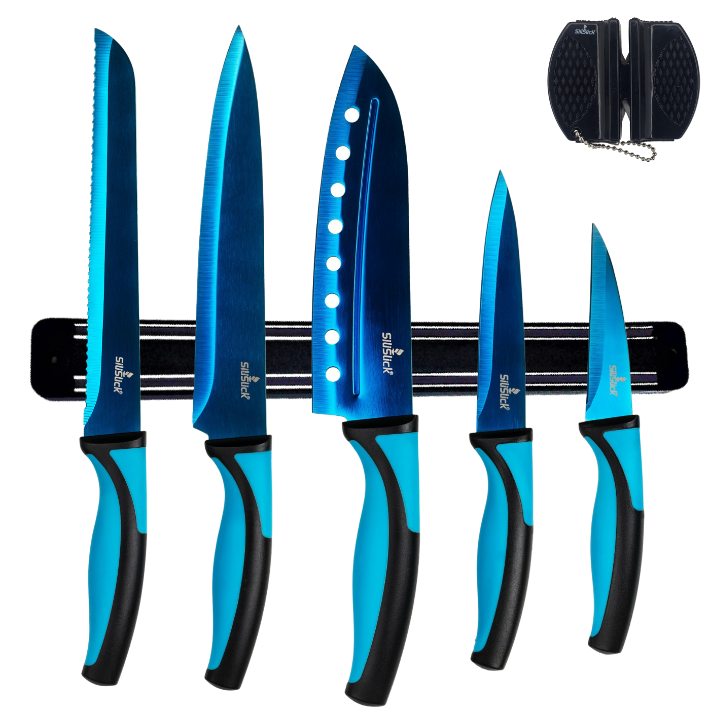5-Piece Kitchen Knife Set – Blue Handle, Blue Blade & Black Magnetic Rack
