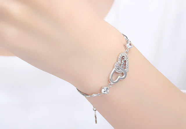 925 Sterling Silver Double Heart Bracelet – Crystal Zirconia Charm Jewelry for Women
