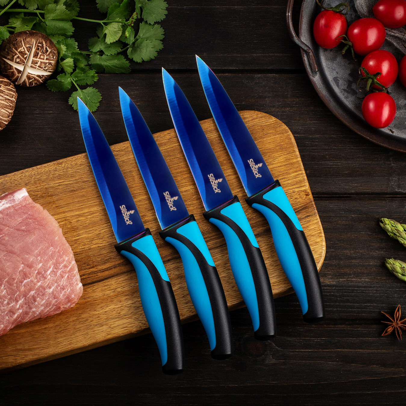 4-Piece Steak Knife Set – Blue Handle with Titanium-Coated Blades | Rust-Resistant & Stylish