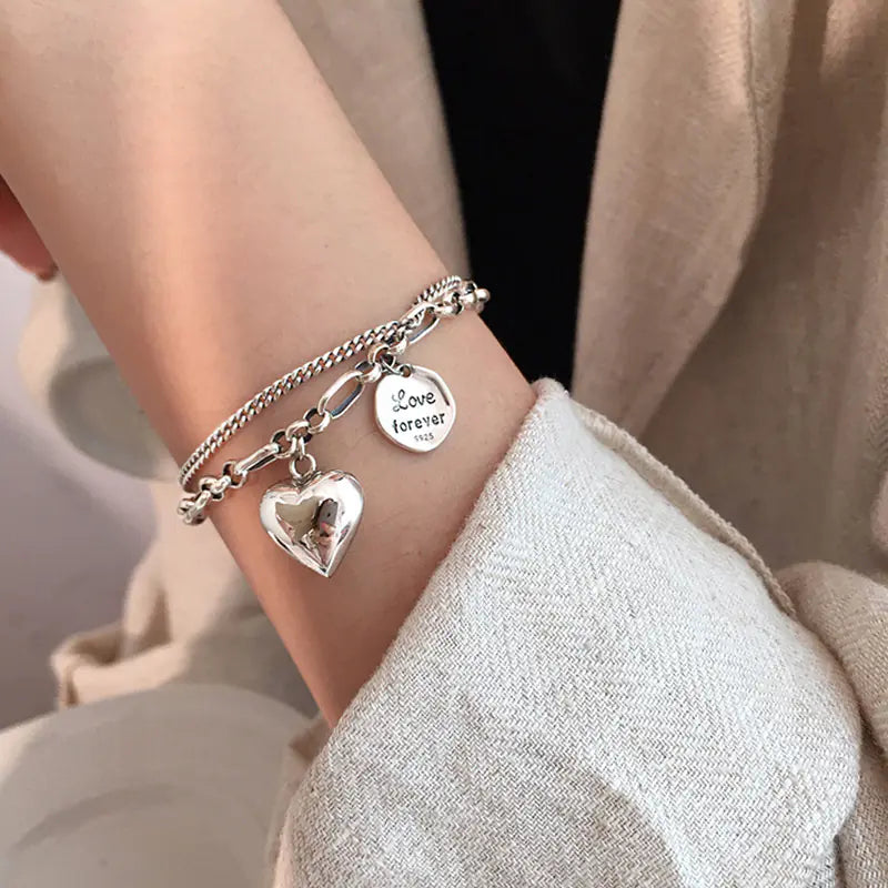 925 Sterling Silver Double Layer Heart Bracelet – Dainty Layered Chain Jewelry for Women