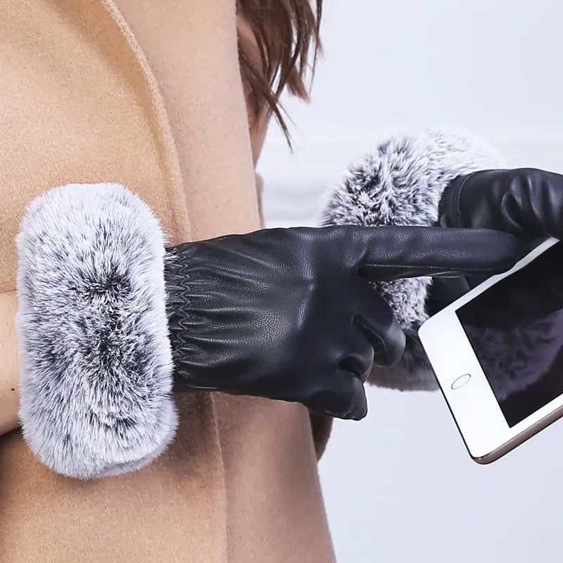 Fashionable Touchscreen Leather Gloves with Faux Fur Trim