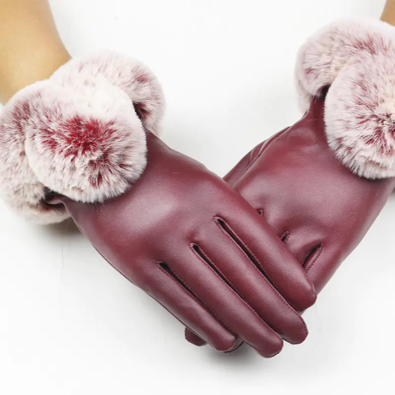 Fashionable Touchscreen Leather Gloves with Faux Fur Trim
