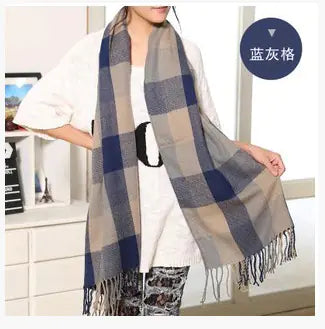 Winter Plaid Scarf for Women - Long Fringe Shawl