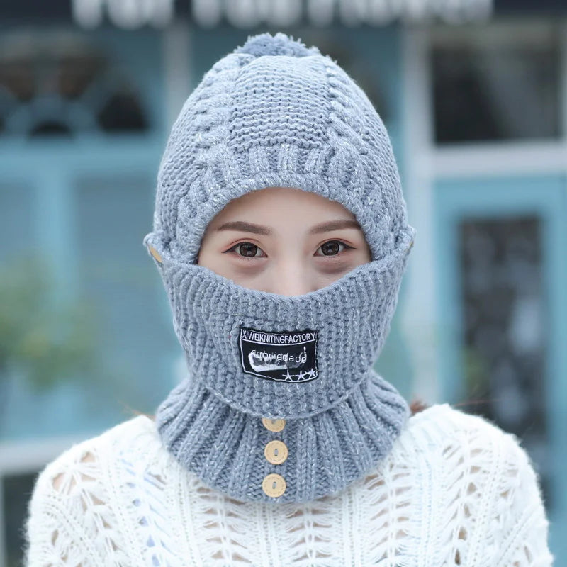 Winter Knit Ear Protection Hat with Mask and Neck Warmer