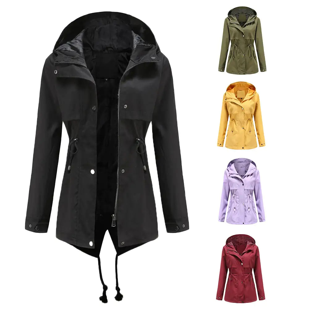 Mid-Length Hooded Windbreaker Jacket for Outdoors
