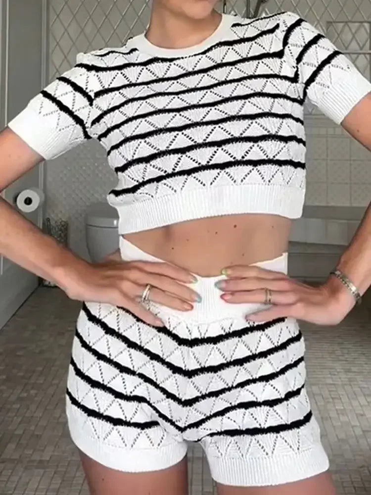 Striped Knitted Sleeveless Mini Dress & Cropped Top Set