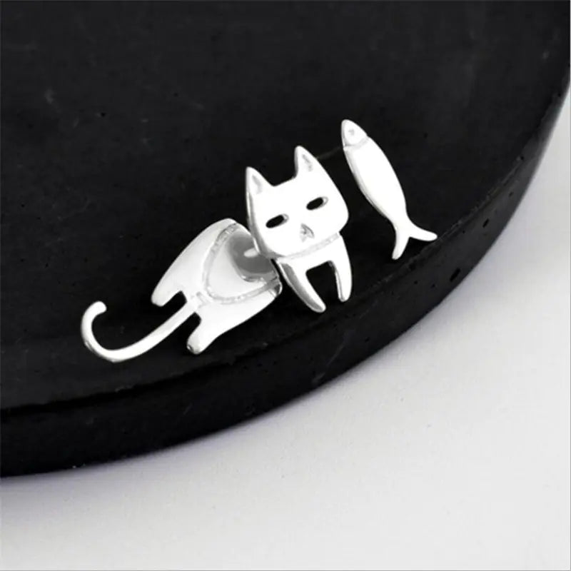 S925 Silver Asymmetrical Cat Fish Earrings for Women
