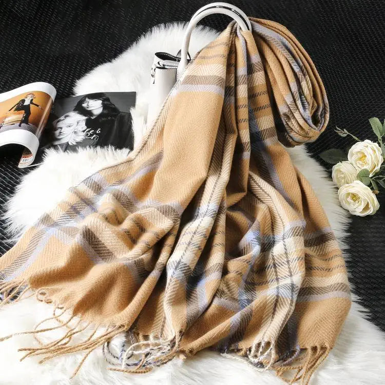 Plaid Scarf for Women - Long Fringed Double-Sided Shawl
