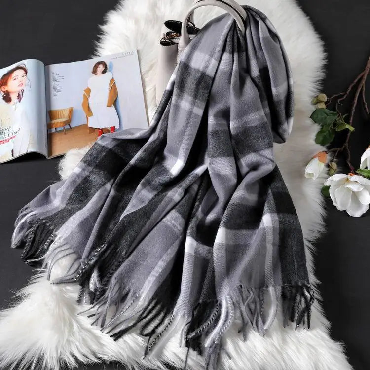 Plaid Scarf for Women - Long Fringed Double-Sided Shawl