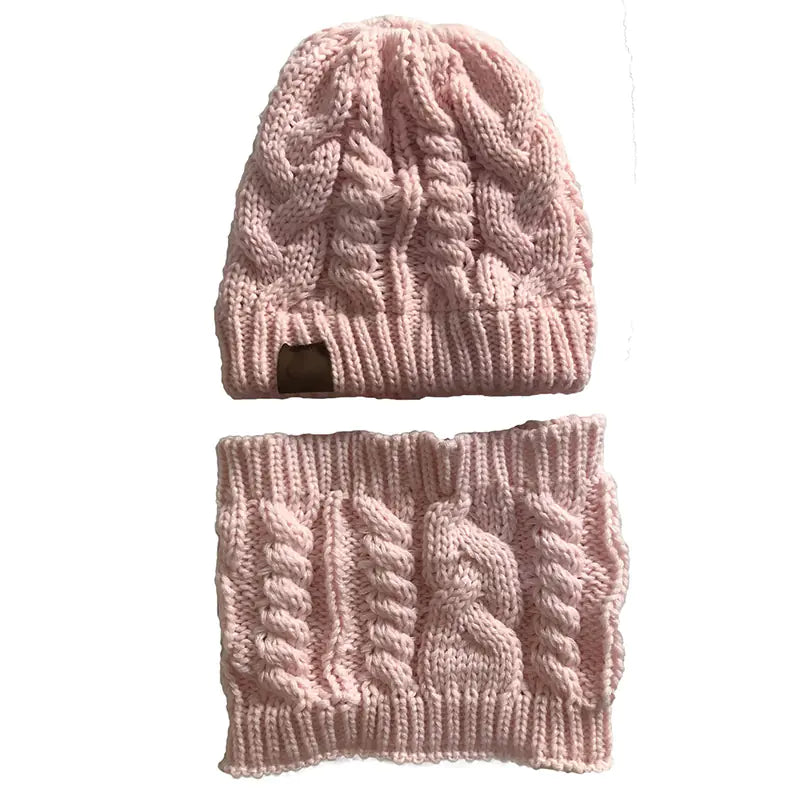 Scarf Set with Ponytail Hat and Knitted Beanie