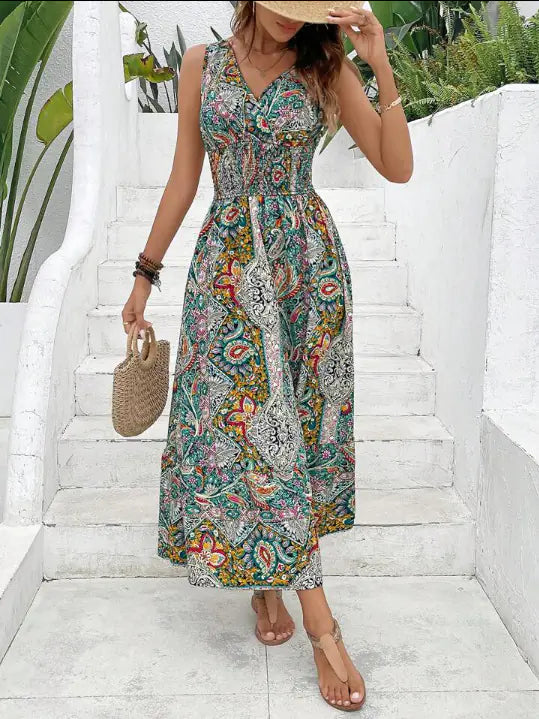 High Waist Sleeveless Bohemian Dress for Women