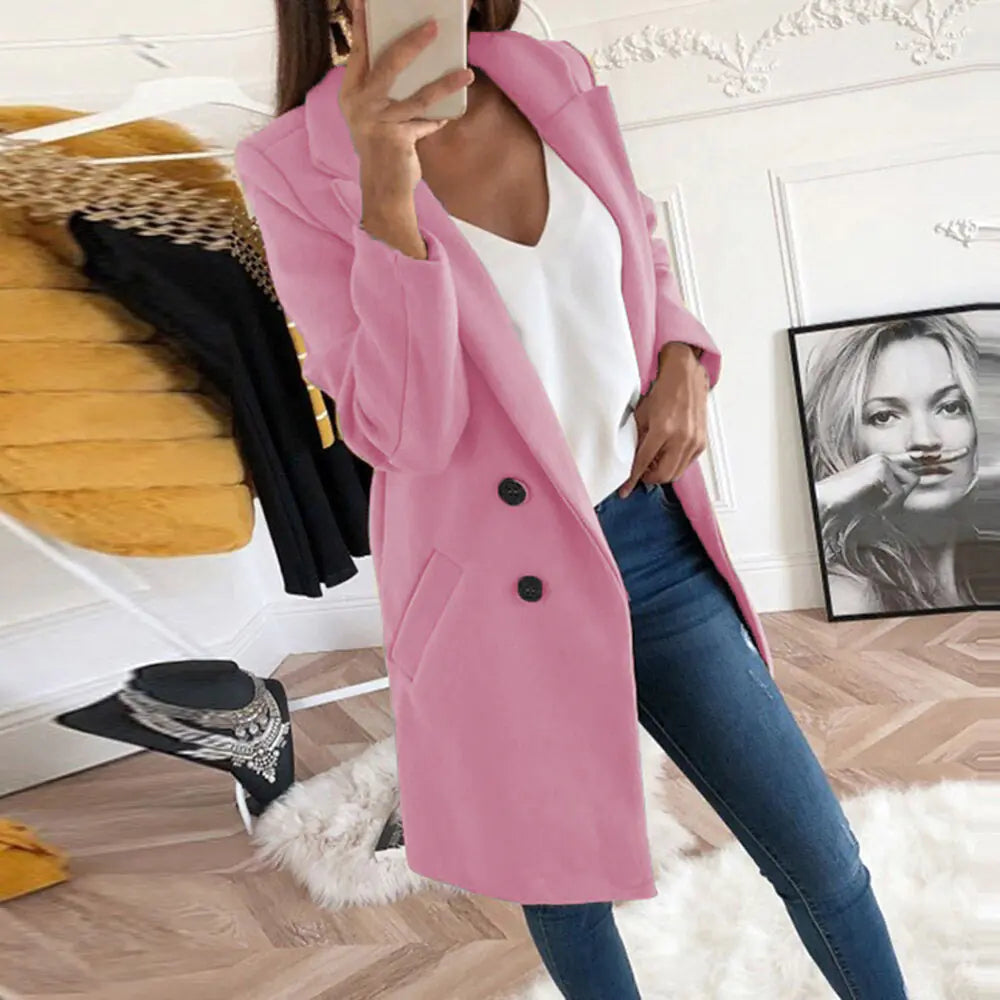 Elegant Long Wool Blend Coat with Buttons for Women