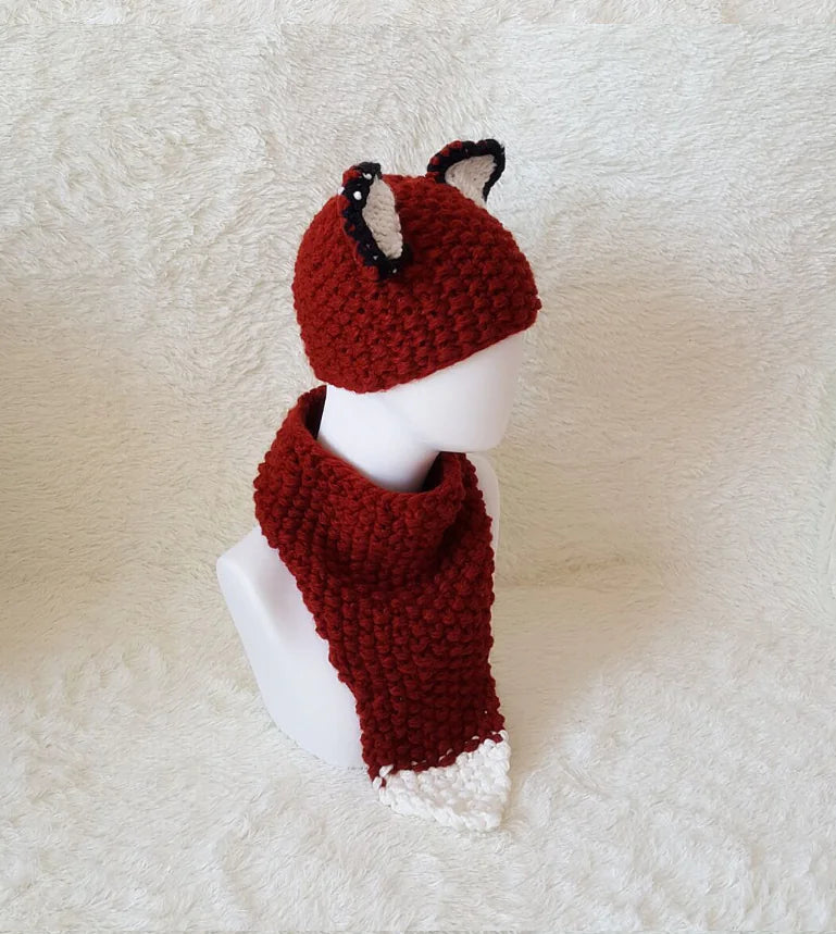 Squirrel and Fox Knit Hat and Neck Warmer Set