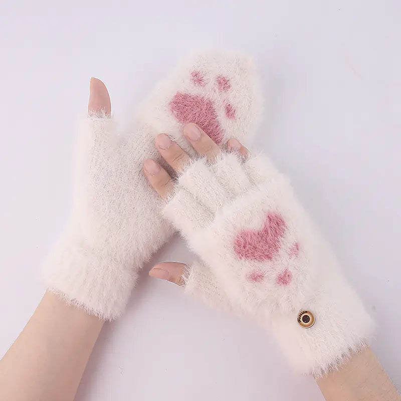 Winter Cat Claw Half-Finger Knitted Gloves for Women