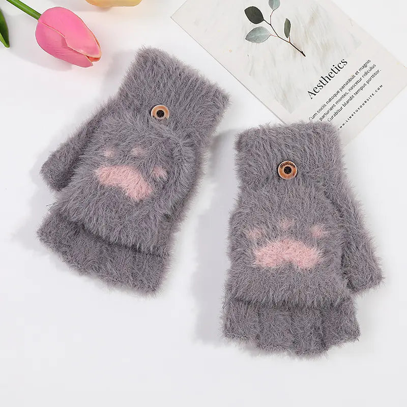 Winter Cat Claw Half-Finger Knitted Gloves for Women