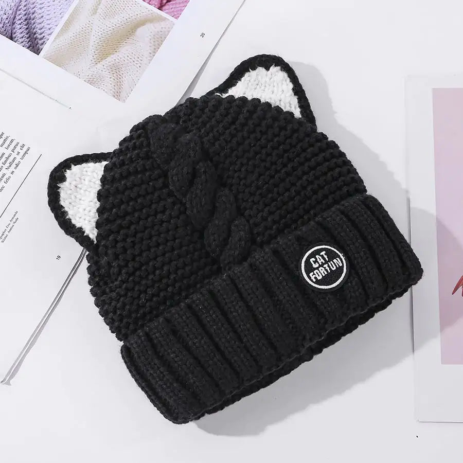 Cute Fleece Lined Woolen Cat Ears Cap for Women