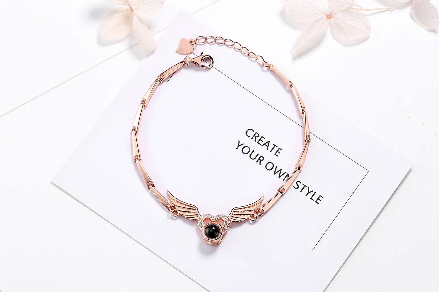 S925 Sterling Silver Angel Wings Projection Bracelet β Heart Charm with Custom Photo or Message